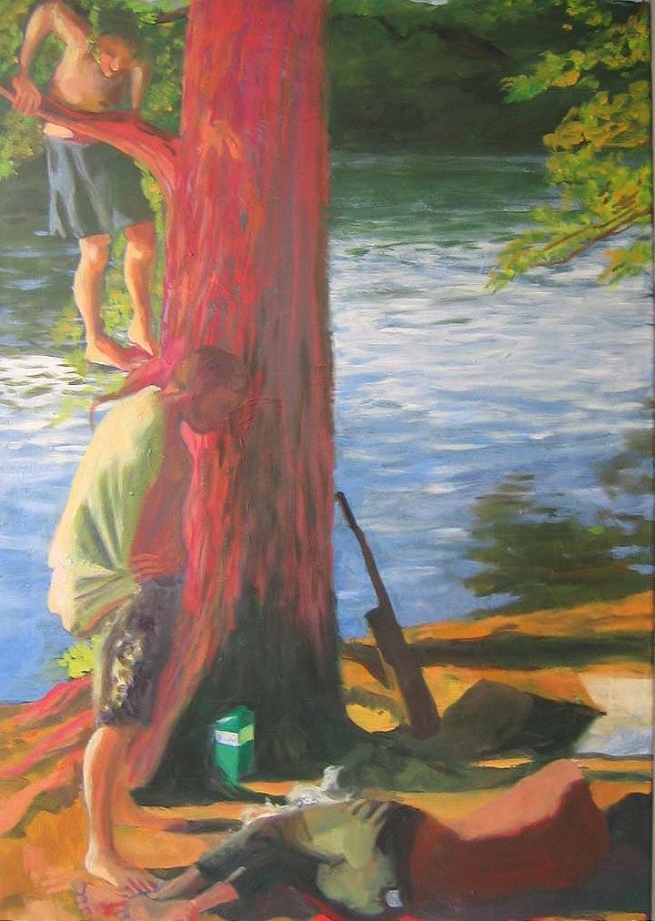Drei am roten Baum, 2006, oil on canvas, 19 x 60 cm